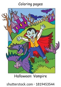 Vector colorful illustration running kid in costume of vampire and bats. Halloween concept. Cartoon illustration isolated on white. For coloring book for children, preschool education, print and game.