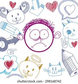 Vector colorful illustration of sad cartoon boy isolated on special background with hand drawn design elements, social interaction idea. Facial expressions on teenager face. 