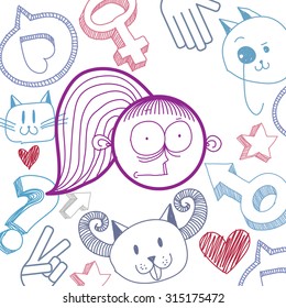 Vector colorful illustration of scared cartoon girl isolated on special background with hand drawn design elements, social interaction idea. Facial expressions on woman face. 