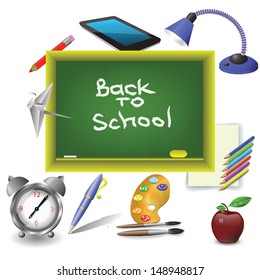Vector Colorful Illustration with School Green Desk and Devices for Your Design