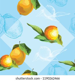 Vector colorful illustration. Seamless pattern with vector and hand drawing fruits lemon and tangerine isolated on blue background. Image for art and design