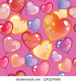 Vector colorful illustration. Seamless pattern with different colorful gradient balloons in hearts shape isolated on purple background. Image for art and design