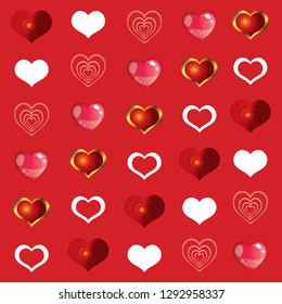 Vector colorful illustration. Seamless pattern with different colorful hearts shape isolated on red background. Image for art and design. Valentines day