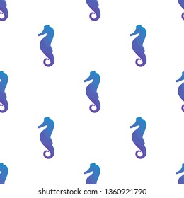 Vector colorful illustration seamless pattern. Marine tropical design. Blue gradient silhouette of sea horse. White background