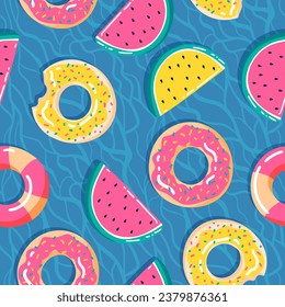 Ilustración vectorial colorida. Patrón sin foco con la piscina de verano flotando en un divertido estilo de caricatura. Anillo de caucho, donuts, rodajas de sandía. Colores amarillo y rosa. Vista del agua desde arriba