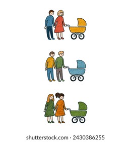 Conjunto de ilustración colorido del vector de la familia diferente con el bebé recién nacido en el cochecito aislado en el fondo blanco