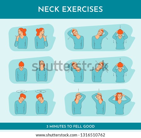 Vector colorful illustration set with neck exercises by girl. Creative concept. Blue and orange colors