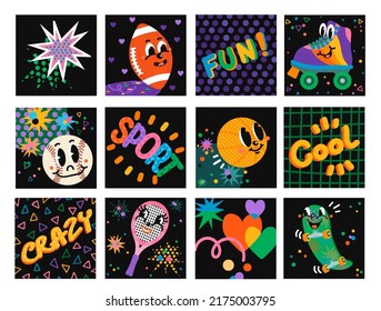 Vector colorful Illustration set Sport Equipments with smily face on abstract background. Funny comic book characters on square posters. For your design of wallpaper, t-shirt print, graphic print