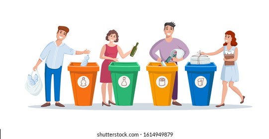 Vector colorful illustration with set of standing people putting rubbish in trash bins, dumpsters, containers. Illustration on the theme of garbage sorting, technology, ecology. Cartoon flat character