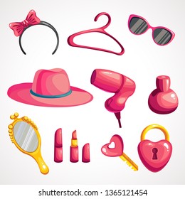 Vector colorful illustration of set of things for girls
