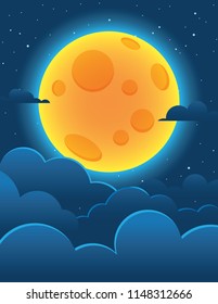 Vector colorful illustration of a shiny moon on a background of a dark blue sky. A night sky with stars and a full glowing orange moon with craters. Design of flyer of fluffy clouds in the starry sky