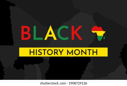 Vector colorful illustration with simplified political map of Africa on background. Concept with text (in yellow, red, green colors) - Black History month (or African-American History Month)