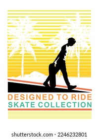 Vector colorful illustration of skater silhouette on seaside region background.

