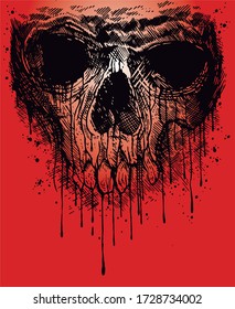 Vector colorful illustration of skull with dripping paint splashes.