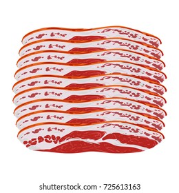 Vector colorful illustration of sliced thin slices fresh bacon, pork isolated on white background