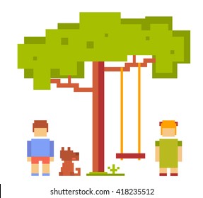 Vector colorful illustration of small girl, boy, dog happy friends on white background.  Children walk and play with the dog outdoor concept. Retro flat 8-bit pixel art design of friendship theme. 