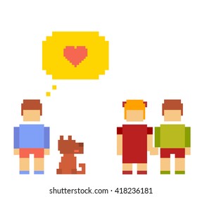 Vector colorful illustration of small girl, boy, dog happy friends on white background.  Children walk with the dog outdoor and talk concept. Retro flat 8-bit pixel art design of friendship theme. 
