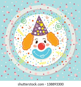 Vector colorful illustration of the smiling clown on the blue background