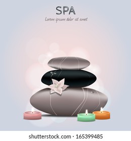Vector colorful illustration of spa with flower, candles and stones