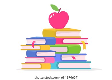 Vector colorful illustration of stack of books with red apple isolated on white background. Bright school flat style design for book store sale banner, web, site, back to school advertising, poster