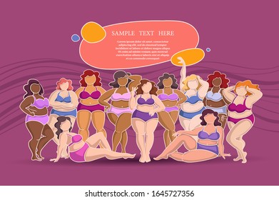 Vektorillustration bunter Illustration mit stehenden multiethnischen Frauen in Badebekleidung. Zeichnen Sie weibliche Zeichen für die Verwendung im Design. Ort der Inschrift oder des Textes
