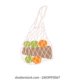 Vector Colorful Illustration of String Bag with Fruits Isolated on White Background