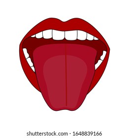 Vector colorful illustration of stuck out tongue isolated on white background. Open mouth with teeth and tongue