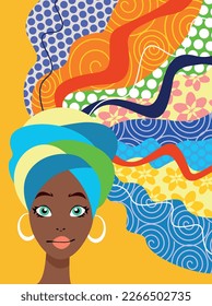 Vector colorful illustration of stylized woman with turban on her head.