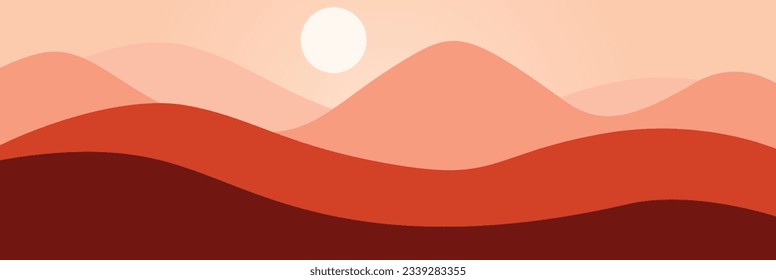 Dibujo vectorial colorido de una puesta de sol en las montañas. Plantilla de banner horizontal. Naturaleza abstracta.