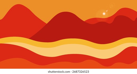 Vector colorful illustration of a sunset in the mountains. Horizontal banner template. Abstract nature.