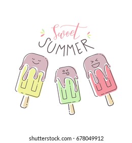 Vector colorful illustration with sweet summer text and ice cream. Joyful ice cream with various emotions. Good for card, poster, print design, postcard template.