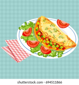 Vector colorful illustration of tasty breakfast with omelet