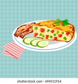 Vector colorful illustration of tasty breakfast with omelet