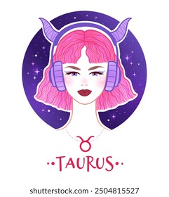 Vektorgrafik bunte Illustration von Taurus Tierkreiszeichen weibliches Porträt mit Sternenhimmel Hintergrund