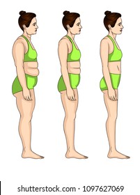 La ilustración de color vectorial de tres niveles pierde peso. Mujer joven atractiva de perfil antes y después de la transformación corporal