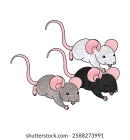Vector Colorful Illustration of Three Mice Isolated on White Background