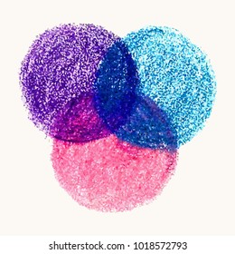 Vector colorful illustration of three round shape with crayon scribble texture overlap each other, isolated on white background. Design template for poster, banner, flyers, brochure, infographics.