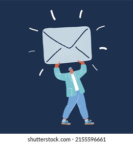 Vector colorful illustration of Tiny person holding big cenvelope with paper letter. Concept of email message sending and receiving. Man delivering mail over dark backround