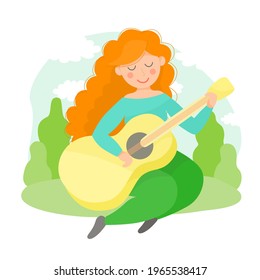 Vector colorful illustration, tourism or bard musician concept. Young redhead woman sitting and playing guitar, spend summer outside, outdoor activities