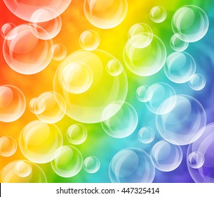 Vector colorful illustration of transparent bubbles on rainbow background