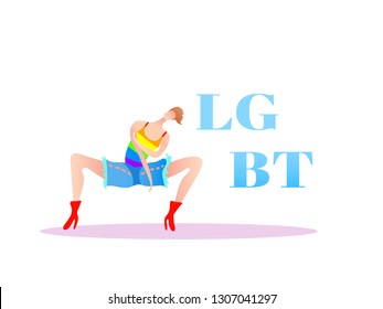 Vector colorful illustration, trendy gay man on heels with LGBT text. Flat cartoon style, isolated. Applicable for LGBT, transgender rights concepts, logos, flyers, etc.