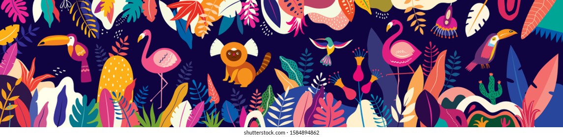 Vector colorful illustration with tropical flowers, leaves, monkey, flamingo and birds. Brazil tropical pattern.