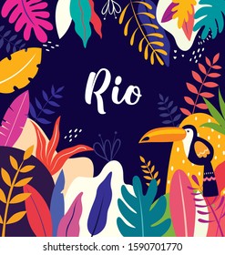 Vector colorful illustration with tropical flowers, leaves and toucan	