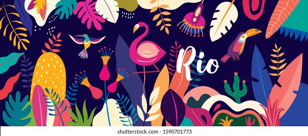 Vector colorful illustration with tropical flowers, leaves, flamingo and birds. Brazil tropical pattern.