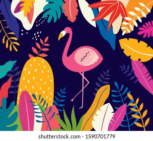 Vector colorful illustration with tropical flowers, leaves and flamingo	