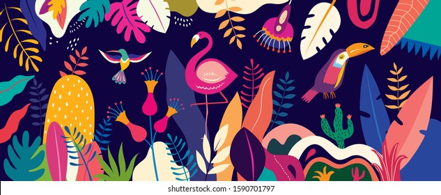 Vector colorful illustration with tropical flowers, leaves, flamingo and birds. Brazil tropical pattern.