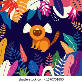 Vector colorful illustration with tropical flowers, leaves and monkey. Brazil tropical pattern.