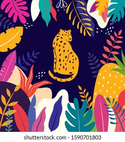 Vector colorful illustration with tropical flowers, leaves and leopard. Brazil tropical pattern.