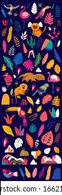 Vector colorful illustration with tropical flowers, leaves, monkey, flamingo and birds. Brazil tropical pattern. Rio de janeiro pattern