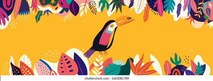 Vector colorful illustration with tropical flowers, leaves and toucan